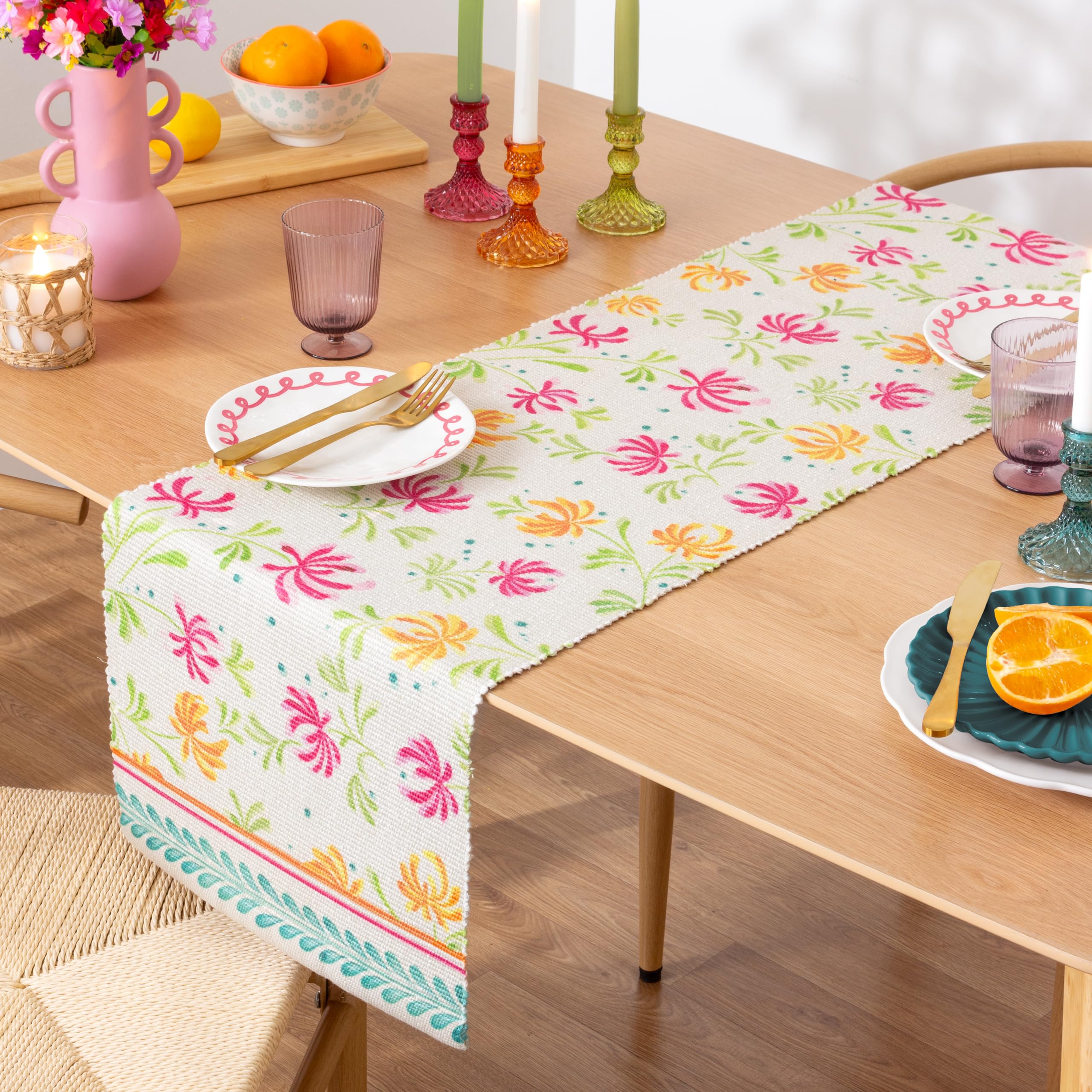 furn. Honeysuckle Table Runner – Washable Watercolour Floral Quick Drying Dining Table Decoration (Multicoloured - 220x35cm)