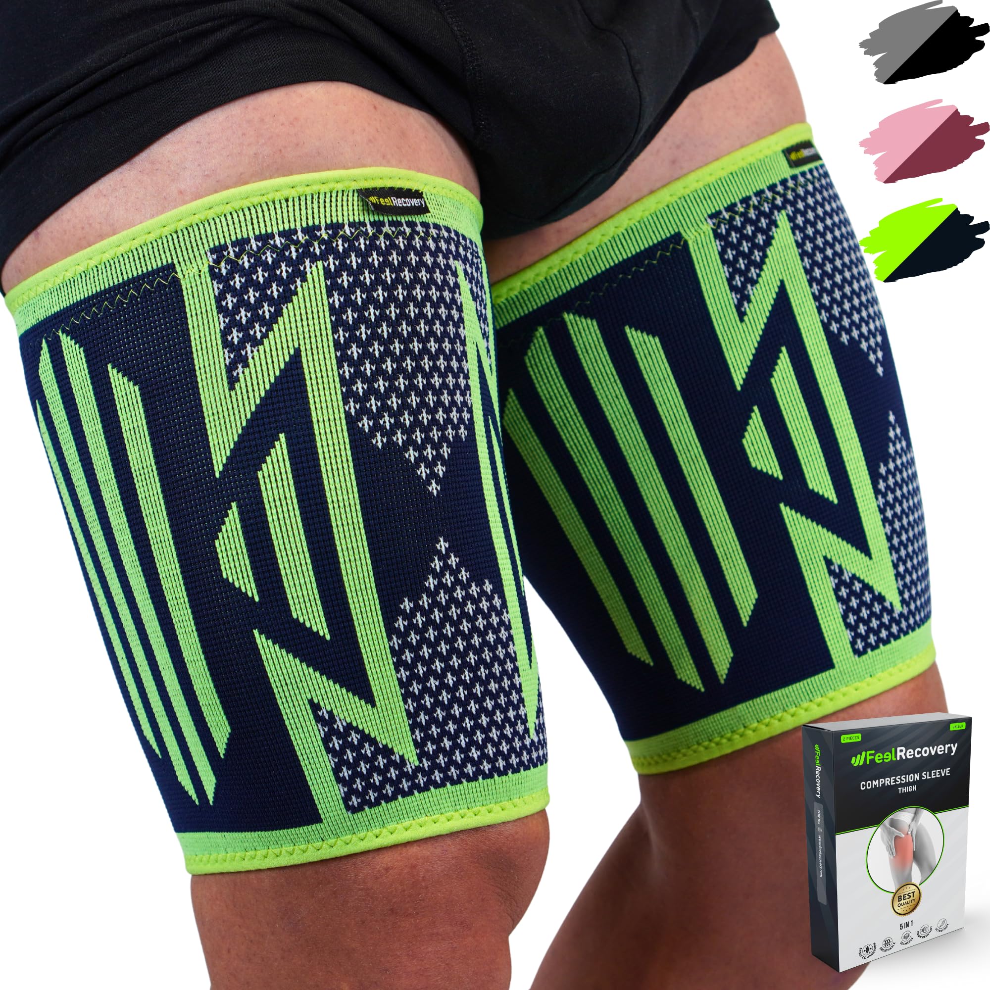 Feel Recovery 2 Pack Thigh Compression Sleeves for Men & Women - Thigh Support Brace for Hamstring, Quad & Groin Pain Relief, Muscle Strains, Cramps & for Running - Breathable & Non-Slip (M, Green)