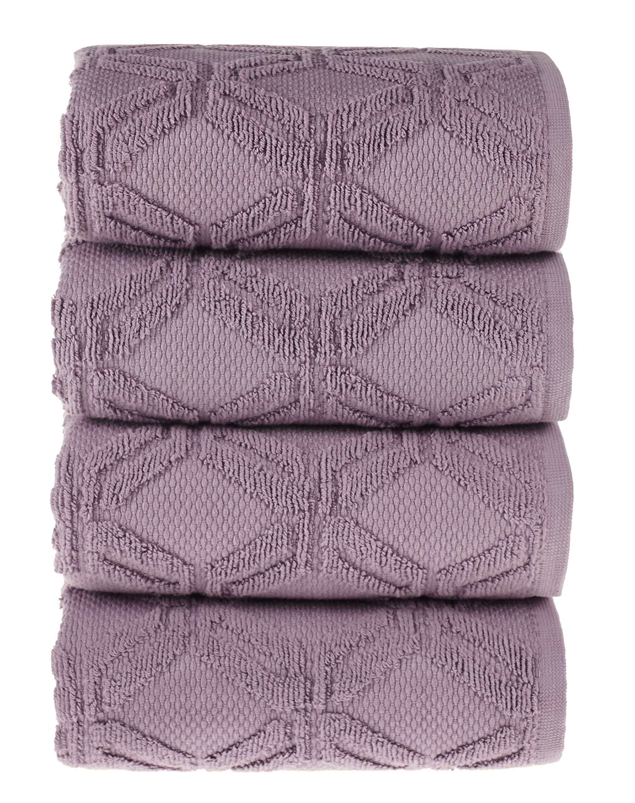 Arvec %100 Turkish Cotton, 550 GSM, Olympic Design 4 Pack Jacquard Hand Towel Set 19 x 35 Ultra Absorbent (Purple)