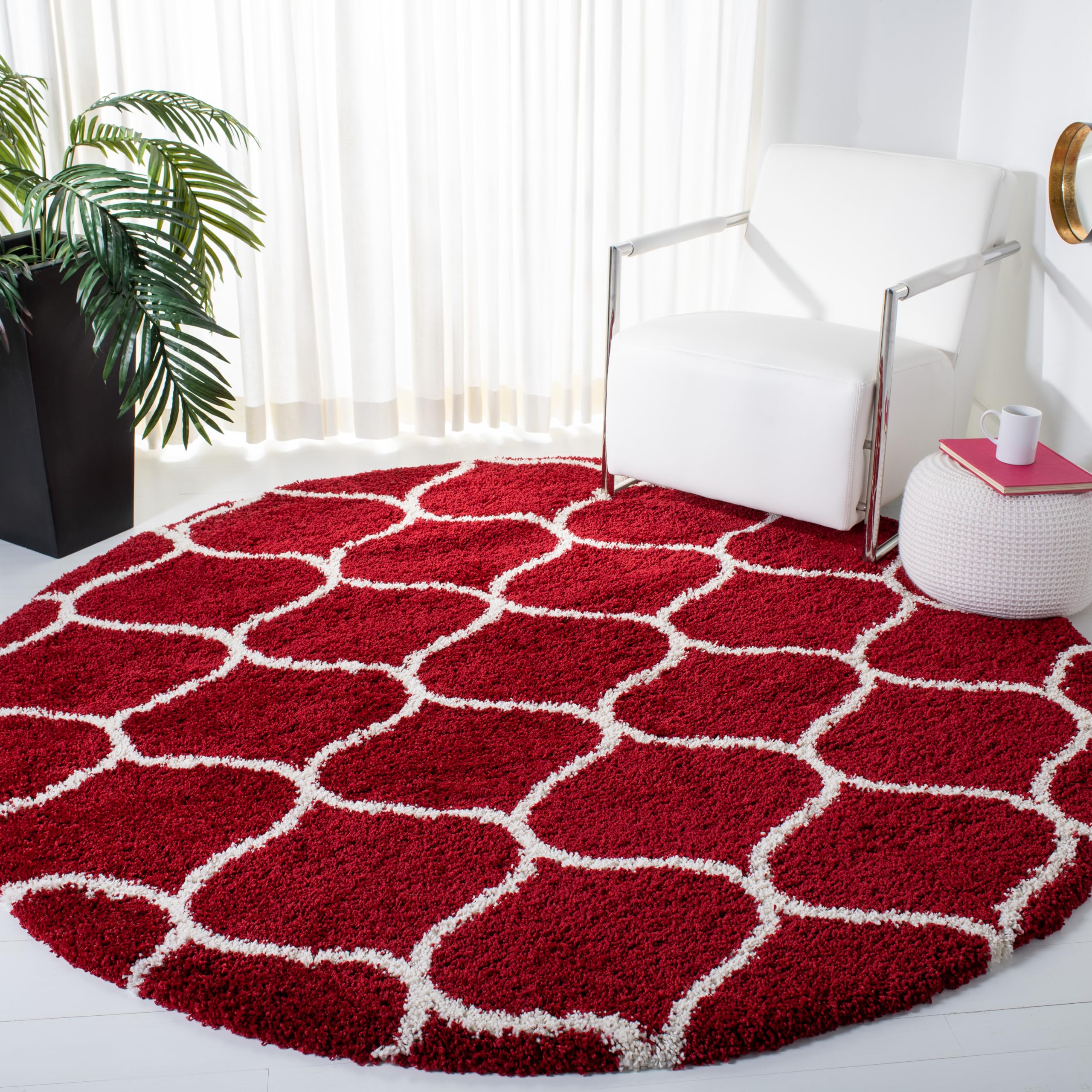 SAFAVIEH Hudson Shag Collection 9' Round Red / Ivory SGH280R Moroccan Ogee Trellis Non-Shedding Living Room Bedroom Dining Room Entryway Plush 2-inch Thick Area Rug Image