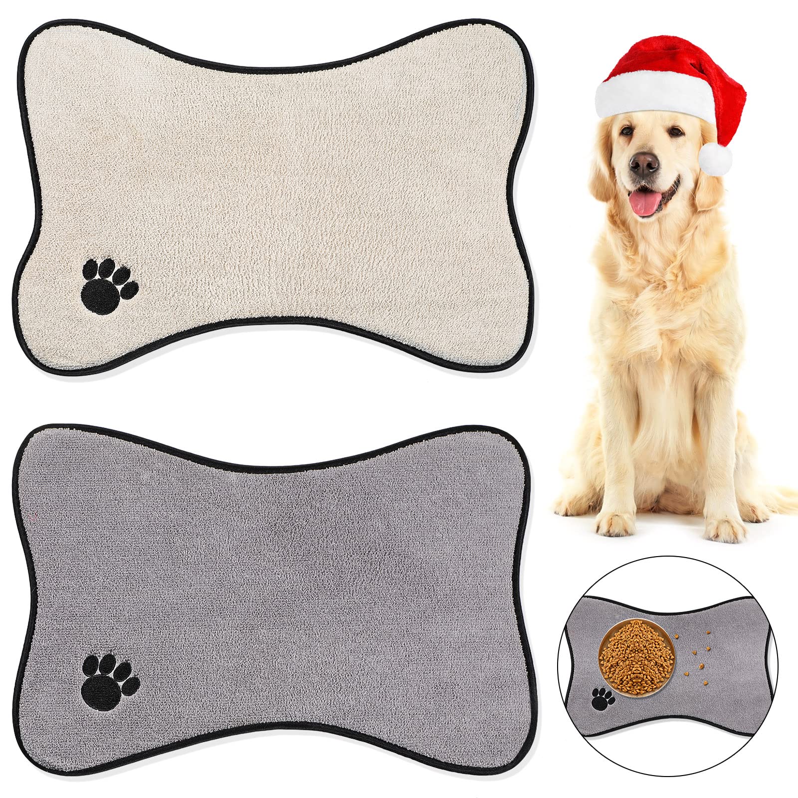 Photo 1 of Breling Dog Mat for Food and Water 2 Pieces Bone Shape Non-Slip Pet Feeding Mat for Under Dog Bowls Embroidered Microfiber Pet Bowl Water Absorbent Feeding Supplies, 2 Colors