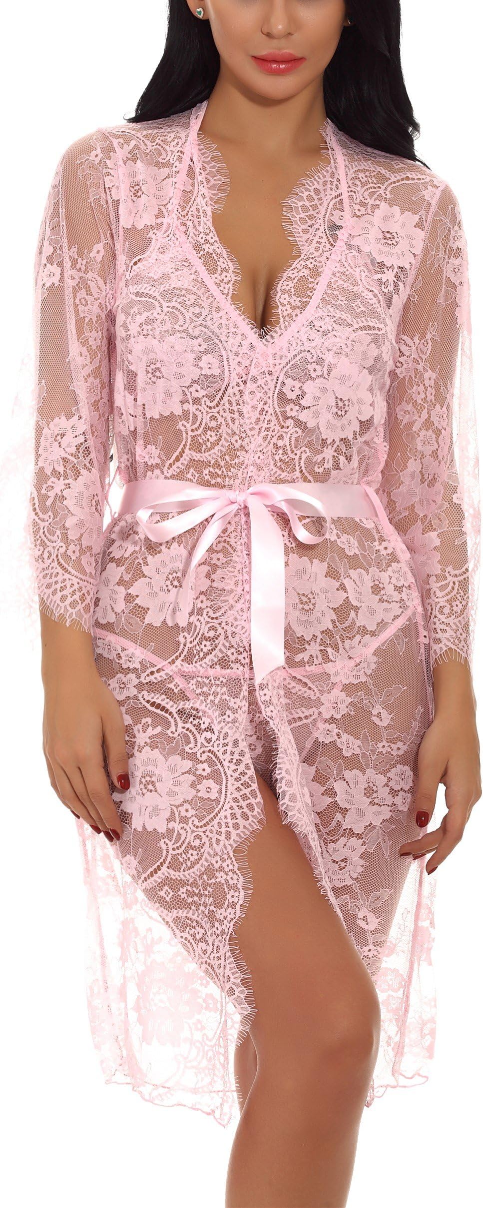 XYlove Women's Sexy Lace Long Robe Lingerie Set(4 Pieces)