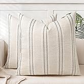 AELS 22x22 Decorative Farmhouse Linen Blend Throw Pillow Covers, Boho Textured Pillow Case, Set of 2, Beige with White & Gray Stitch Yarn Dyed Stripe Cushion Cover for Sofa Living Room (Cover ON