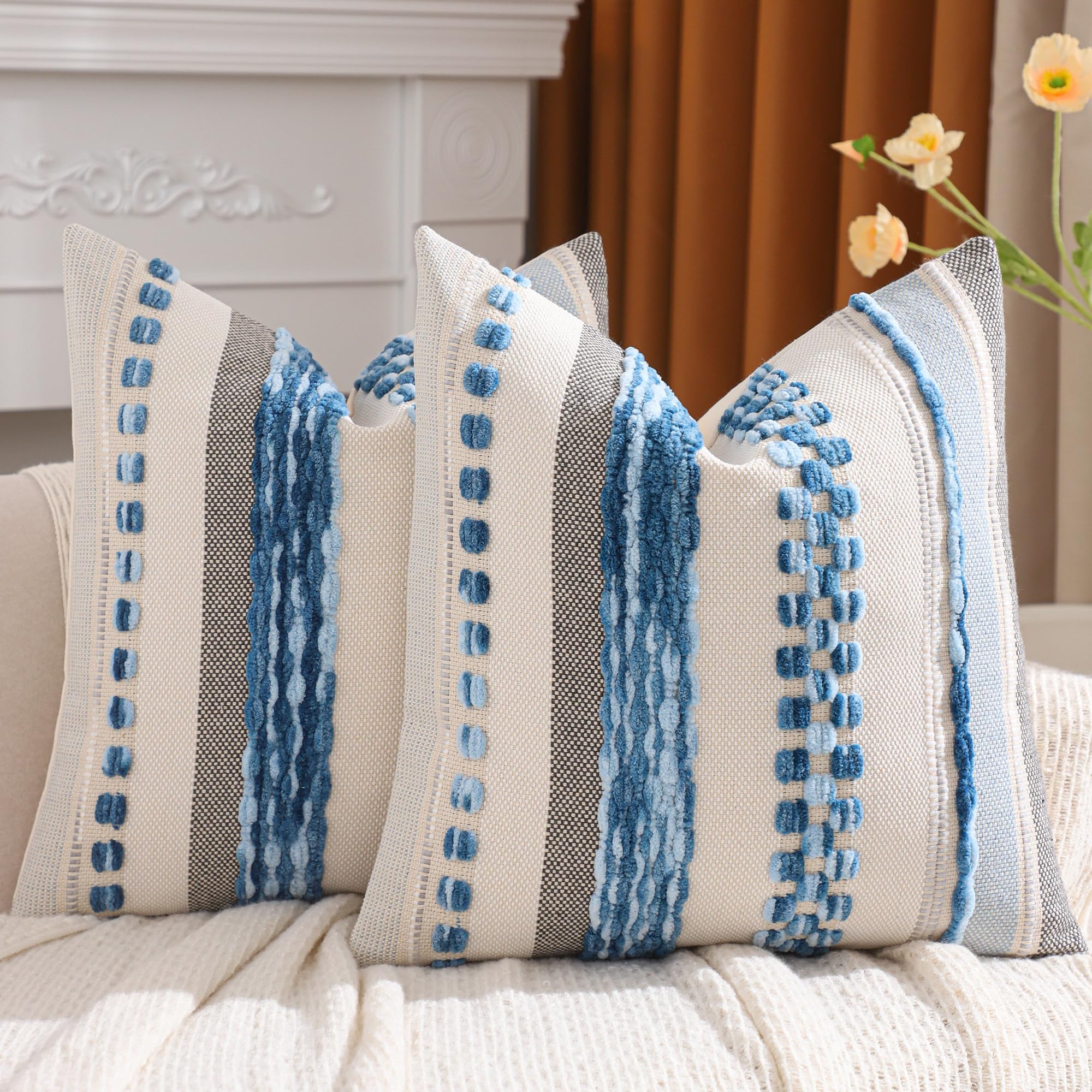 Tosleo Boho Pillow Covers 18x18 Inch Set of 2 Blue Striped Chenille Throw Pillow Covers Square Decorative Pillowcases for Sofa Couch Bed Living Room Farmhouse Decor