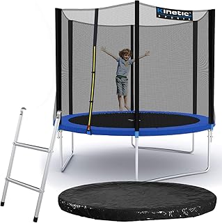 Kinetic Sports Outdoor Gartentrampolin Ø 275, TPLS09, inklusive Sprungtuch aus USA PP-Mesh +Sicherheitsnetz +Rand- u. Regen-Abdeckung +Leiter, bis 150kg, GS-geprüft, UV-beständig, BLAU