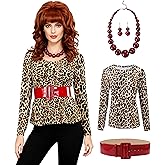 Women's Leopard Print Halloween Costume with Necklace and belt,Vintage Style Party Shirt,Cosplay Outfit