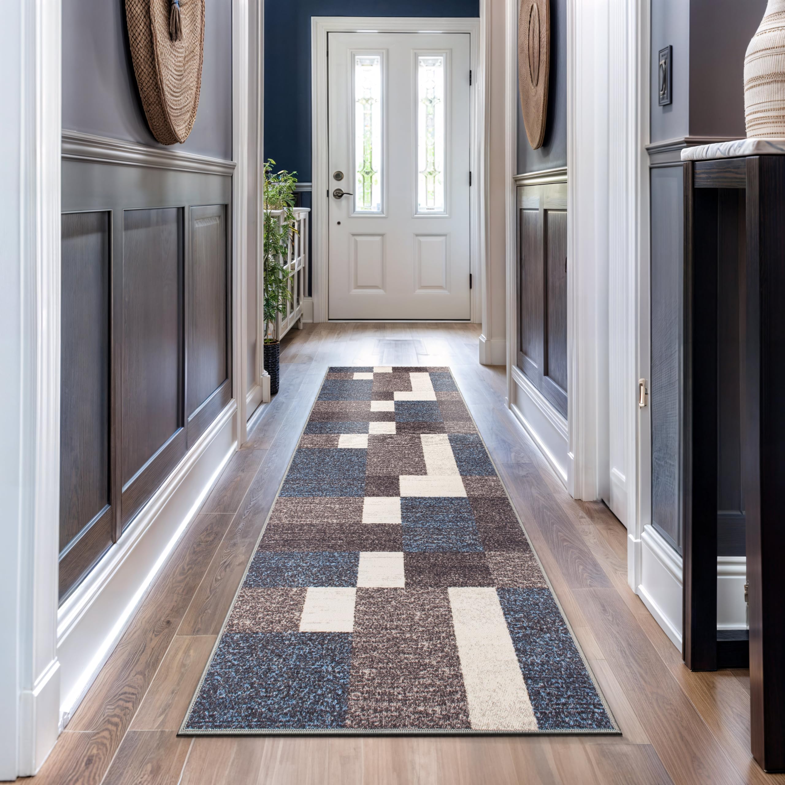 Rugshop Modern Boxes Design Non-Slip (Non-Skid) Runner Rug 2’7″ x 10′ Blue
