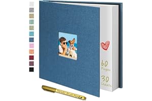 Yopih Photo Album Self Adhesive with Writing Space for 4x6 5x7 8x10 Pictures Scrapbook Album Linen Hardcover Blue DIY Length 11x10.6 Inch 60 Pages with A Metallie Pen