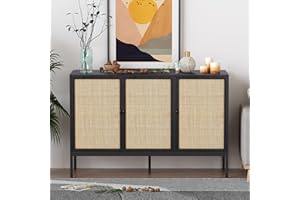 XIAO WEI Sideboard Buffet Cabinet with Handmade Natural Decorated Doors, Accent Rattan Cabinet, Table, Metal Legs for Living Room, Hallway, Entryway, Black 3 doors