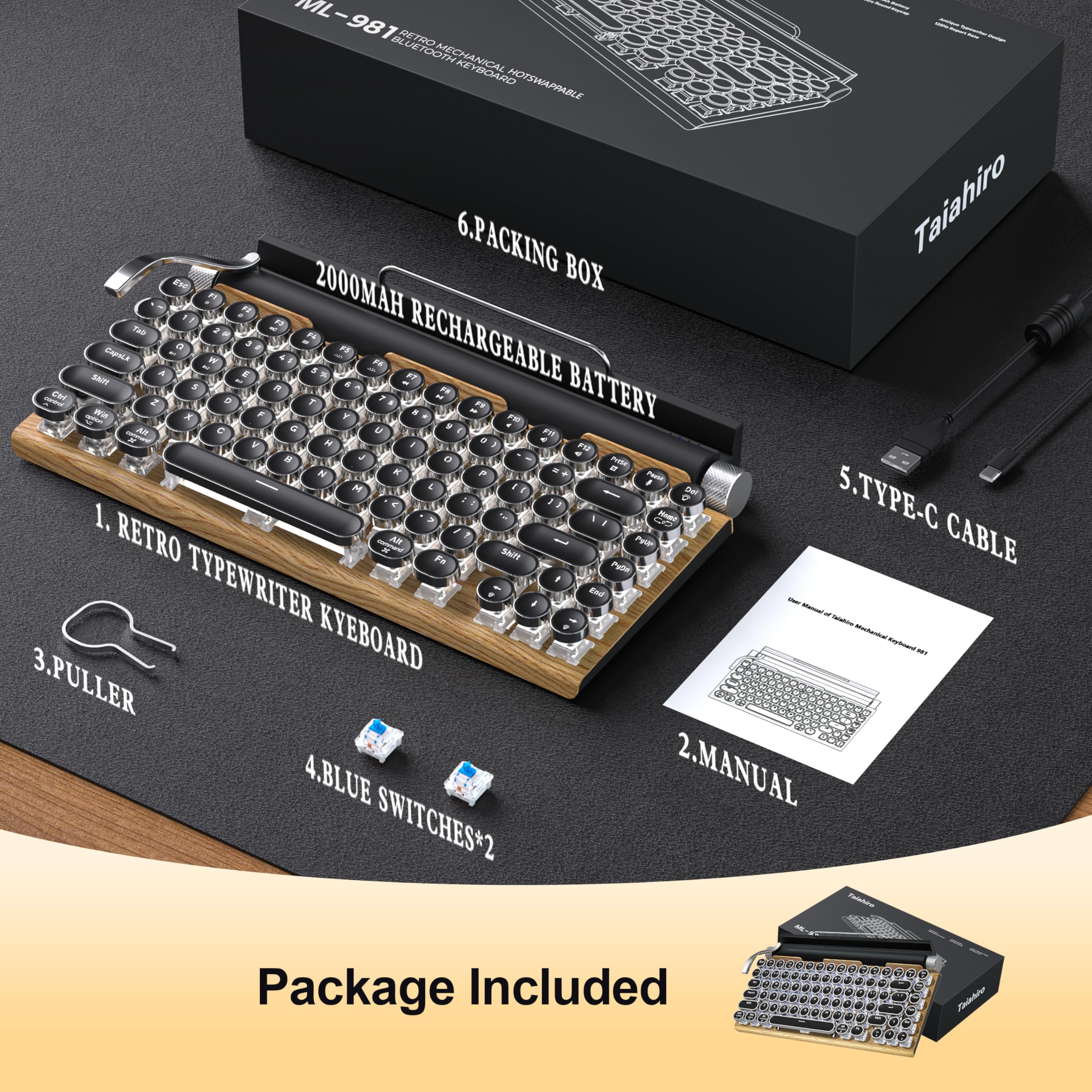 Retro Typewriter Wireless Mechanical Gaming Keyboard, Bluetooth 5.0 Office Computer Vintage Keyboards 83-Key Blue Switches Punk Round Keycap, LED Backlight, Compatible with PC/Laptop/Pad/Phone, Wood