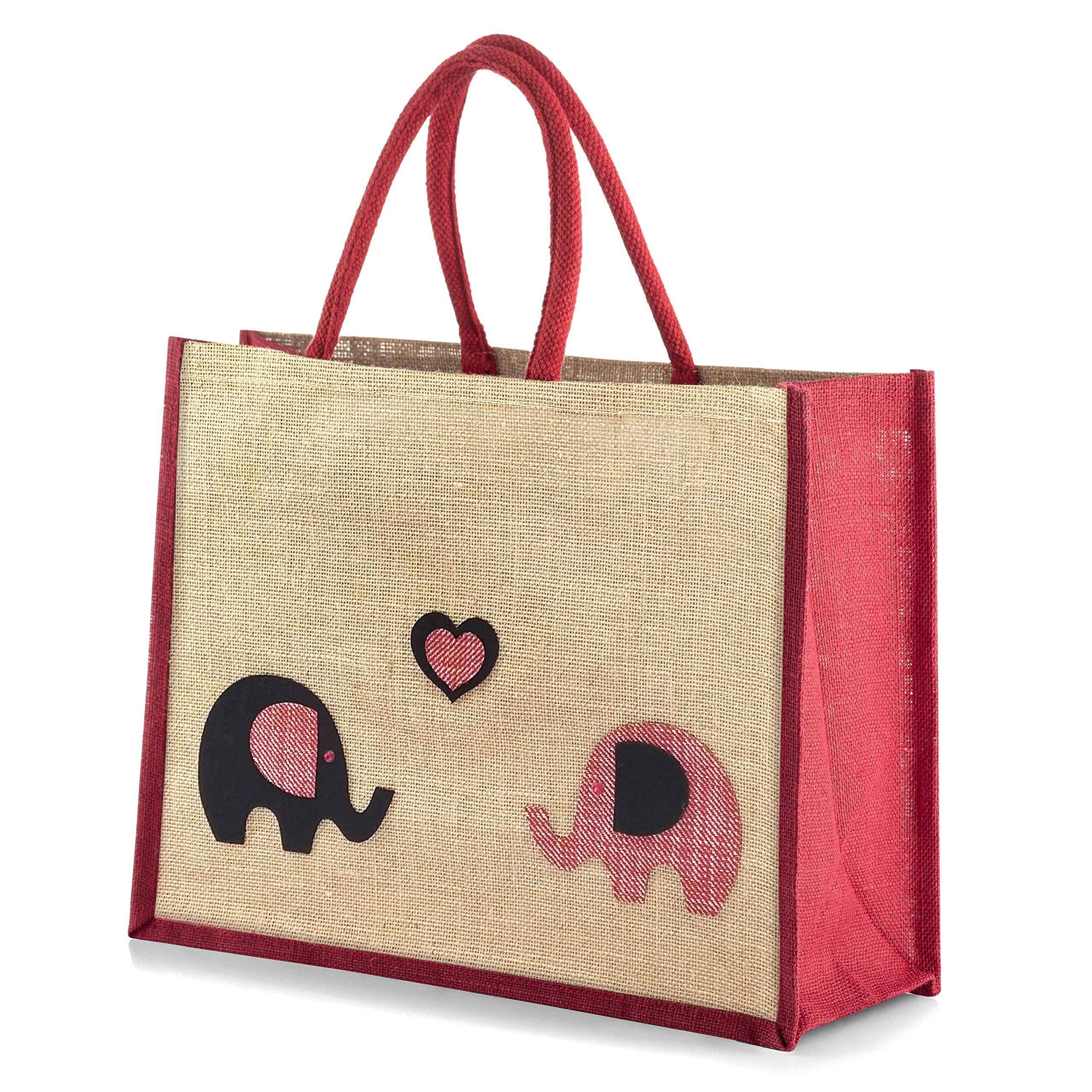 Yellowboots Large Jute Shopping Bag - Elephants in Love - 32cm high x 42cm Wide x 18cm Depth (Red)