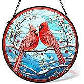 cvjutf Cardinal Suncatcher Stained Glass Window Hanging Decor, Winter Christmas Cardinal Stained Glass Wall Decor, Christmas Bird Lawn Garden Sun Catchers Indoor Window Hanging Wall Art, 7.9x7.9In