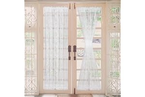 MOSLOVSTAR Rose Flower French Door Curtain Lace Voile Patio Sliding Glass Door Treatment Curtains with Bonus Tiebacks, 54" W by 72" L, Set of 2