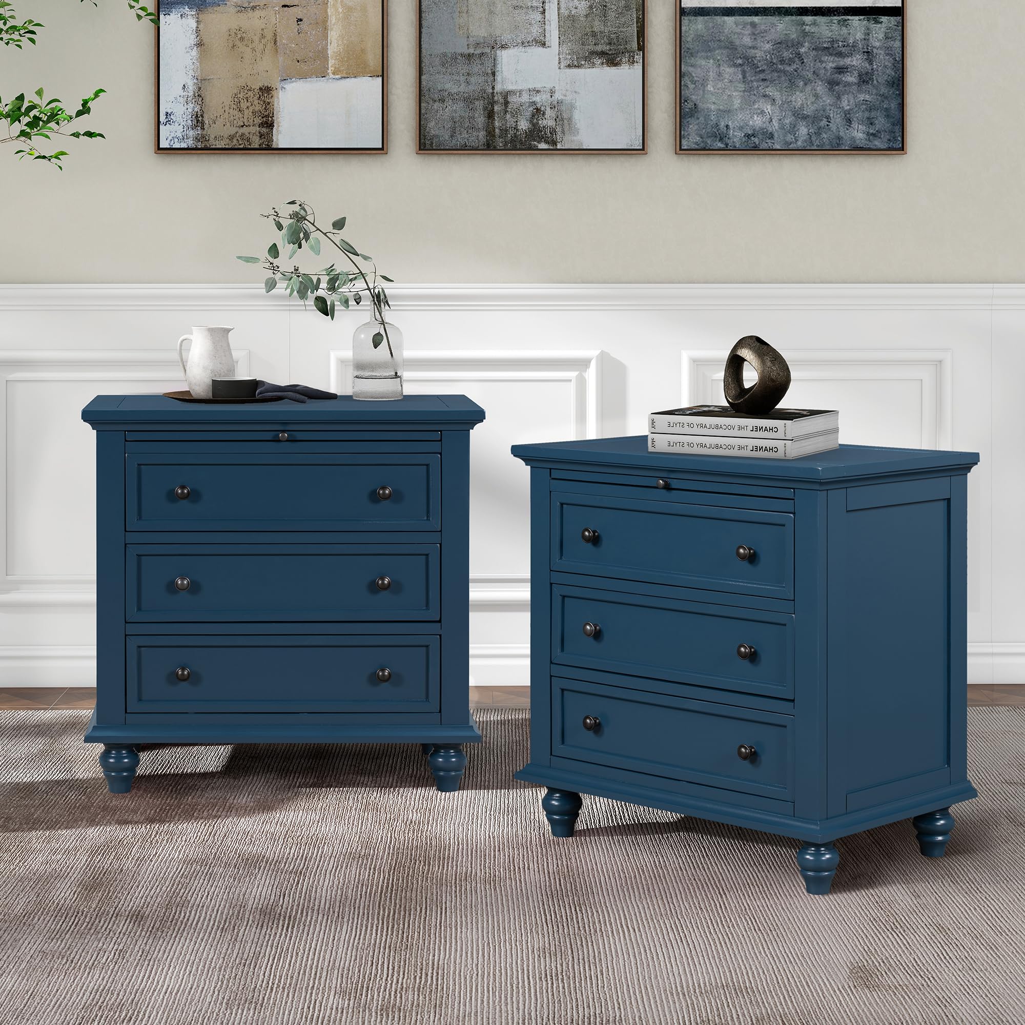Photo 1 of ***PARTIAL SET*** Merax Wood Nightstand with Drawers Set of 2, Bedside End Table with Pull Out Tray, Blue (No Guide Rails)