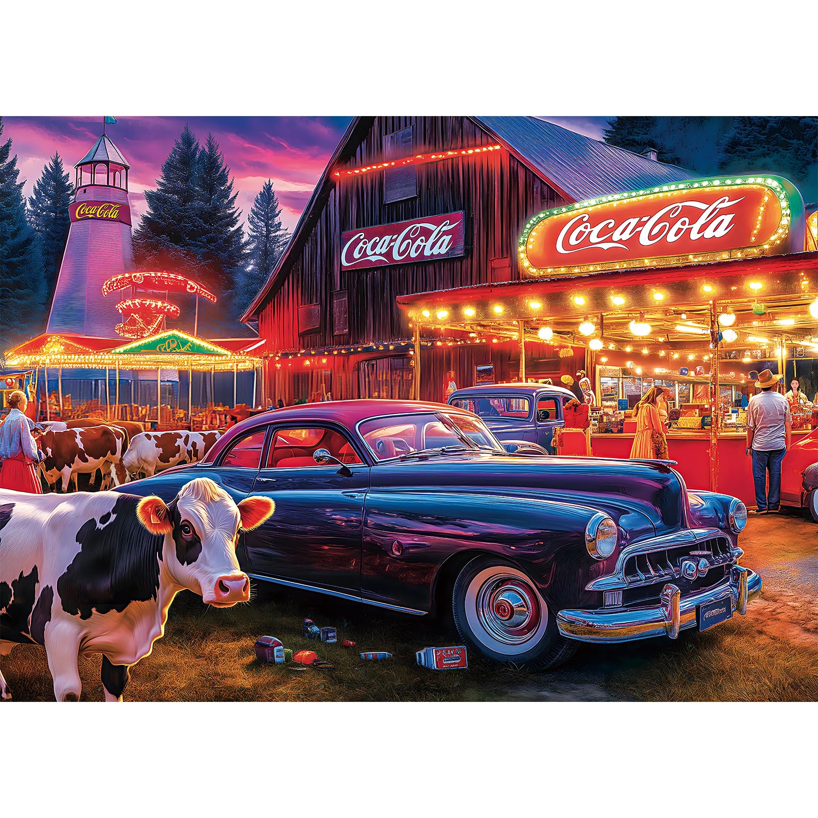 Photo 1 of 1000 Piece Puzzle for Adults, Lively Country Night Jigsaw Puzzle, Farm Animals and Classic Cars Scene, Challenging Scenic Puzzle 1000 Pieces, Gift for Adults Kids Seniors, 28×20 in