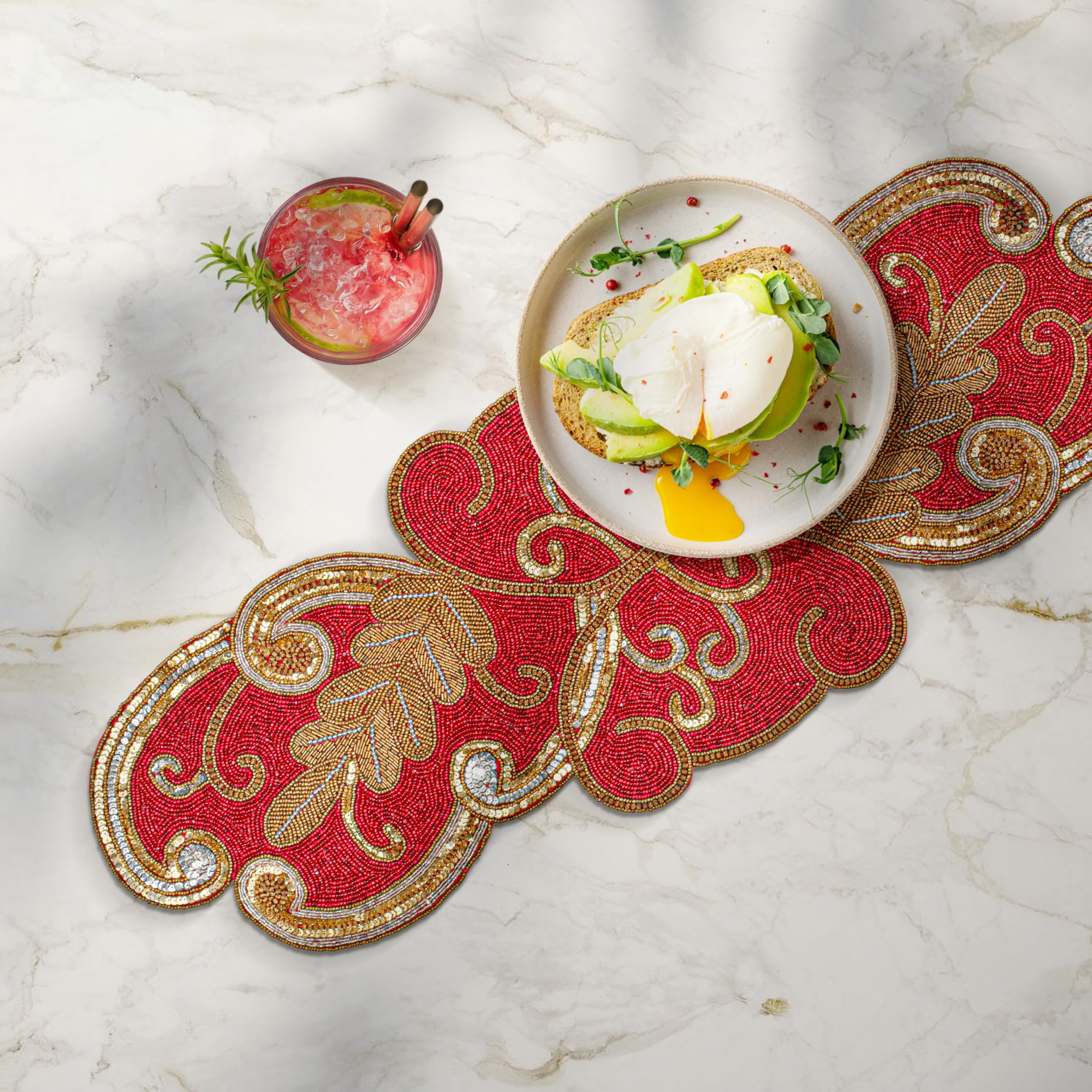 Beaded Table Runner, Decorative Farmhouse Table Runner- Fancy Scrolled - Hand Made by Skilled Artisans - A Beautiful Complement to Your Dinner Table Décor - 13x36 Inch (31x91 Cms) - Gold Maroon