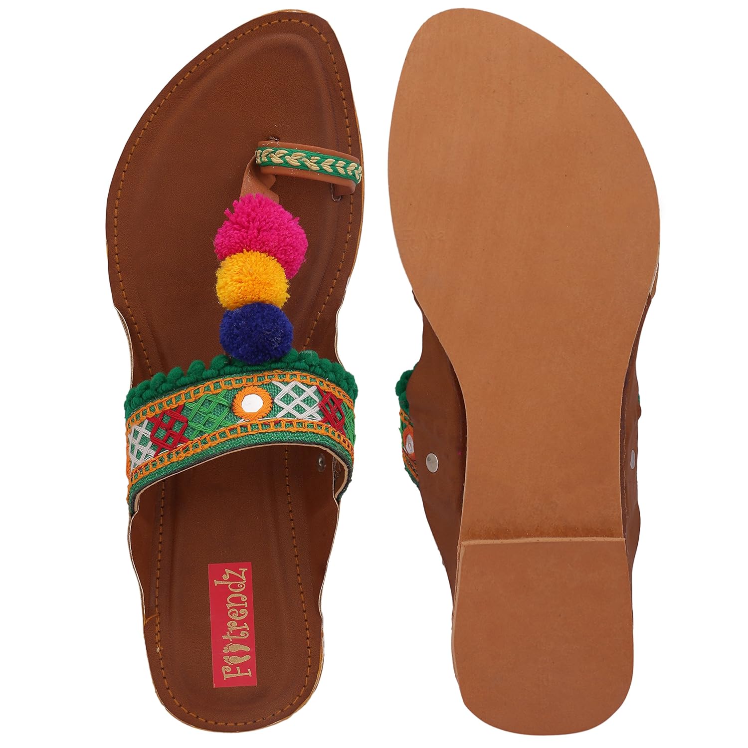 footrendz women's pompom and faux leather kolhapuri flats
