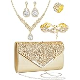 Henoyso 5 Pcs Rhinestone Jewelry Sets Prom Purse Jewelry Rhinestone Clutch Purse Bride Necklace Earrings Bracelets for Women
