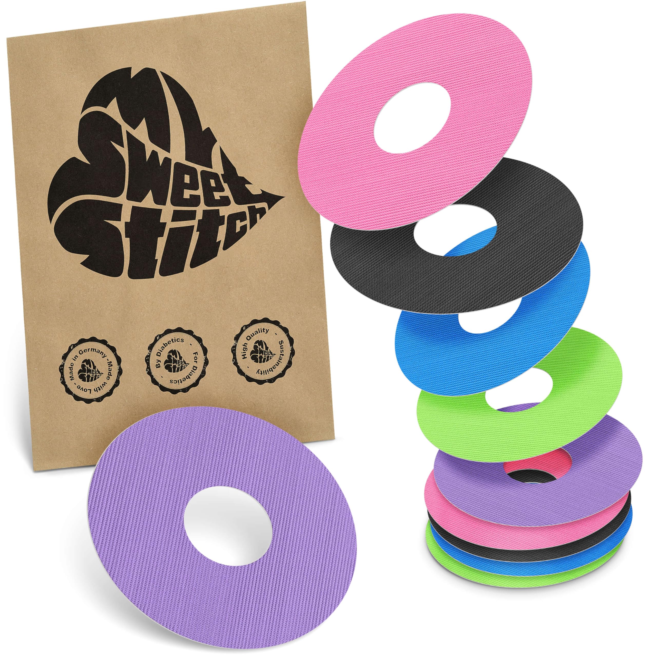 MySweetStitch - 10 x Freestyle Libre 3 Round Patches, Ring Patch Ø 60mm, Inner Ø 20mm, Waterproof, Breathable, Skin-Friendly, Made in Germany, Rainbow