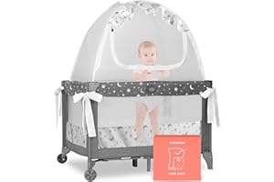 Pro Baby Safety Premium Pack n Play Tent, Mini Crib Tent to Keep Baby from Climbing Out, Auto Pop Up Pack and Play Tent with Auto-Lock Zippers, Thick Velvety Breathable Mesh (Stars & Moons - Ruffles)