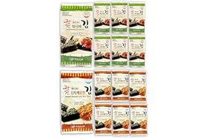 Korean Crispy Seasoned Seaweed Snacks Kimchi Spicy Sheets - 12 Individual Packs 100% Natural Laver 12 Pack Roasted Nori Snack Healthy Premium Gim by Unha's Asian Snack Box (Kimchi and Wasabi)