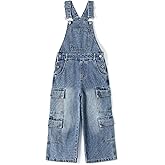 KIDSCOOL SPACE Girls’ Denim Cargo Overalls, Wide Leg Jean Dungarees