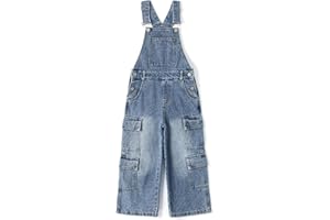 KIDSCOOL SPACE Girls’ Denim Cargo Overalls, Wide Leg Jean Dungarees