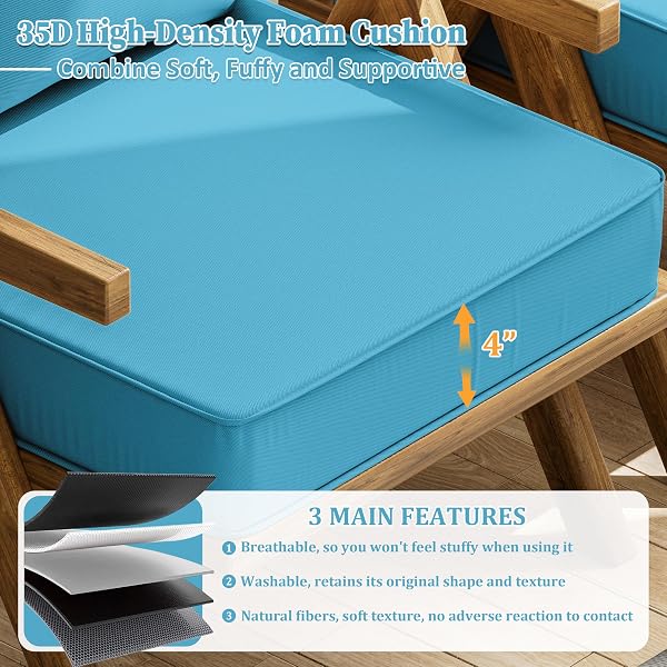 KIMUNUK OUTDOOR SEAT CUSHION SET 22 L × 24 W × 5 H INCH WATERPROOF & FADE RESISTANT PATIO FURNITURE CUSHIONS WITH REMOVABLE COVER WITH HANDLE AND STRAPS FOR SOFA CHAIRS, CHAIRS, LAKE BLUE