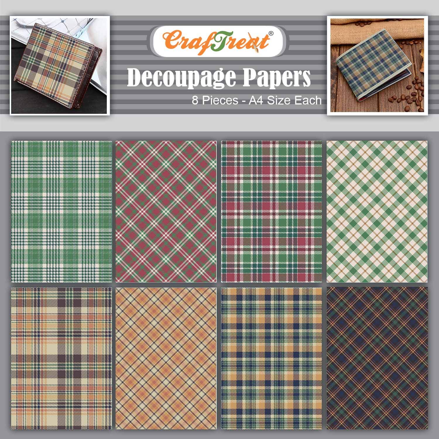 CrafTreat Reusable Plaid Decoupage Paper for Crafts - Perfect Plaids - Size: A4 (8.3 x 11.7 Inch) 8 Pcs - Decoupage Paper for Scrapbooking, Furniture and Wood
