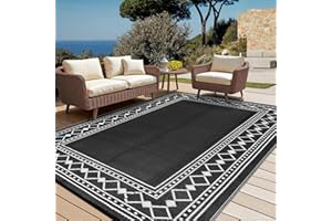 Garvee Black and White Outdoor Rug 9x12 for Large Patio Easy-Clean Washable Non-Slip Camping Carpets Contemporary Diamond Bor