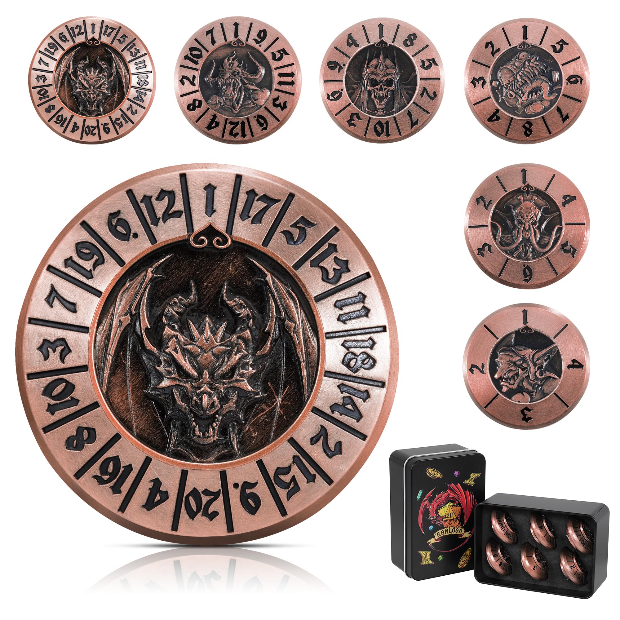 Banloga D&D Dice Set,7PCS Metal Dice for Dungeons and Dragons,Mini Dice Set with Pocket Watch Case,Role Playing Board Games Accessories (Dragon, Copper-F) Image