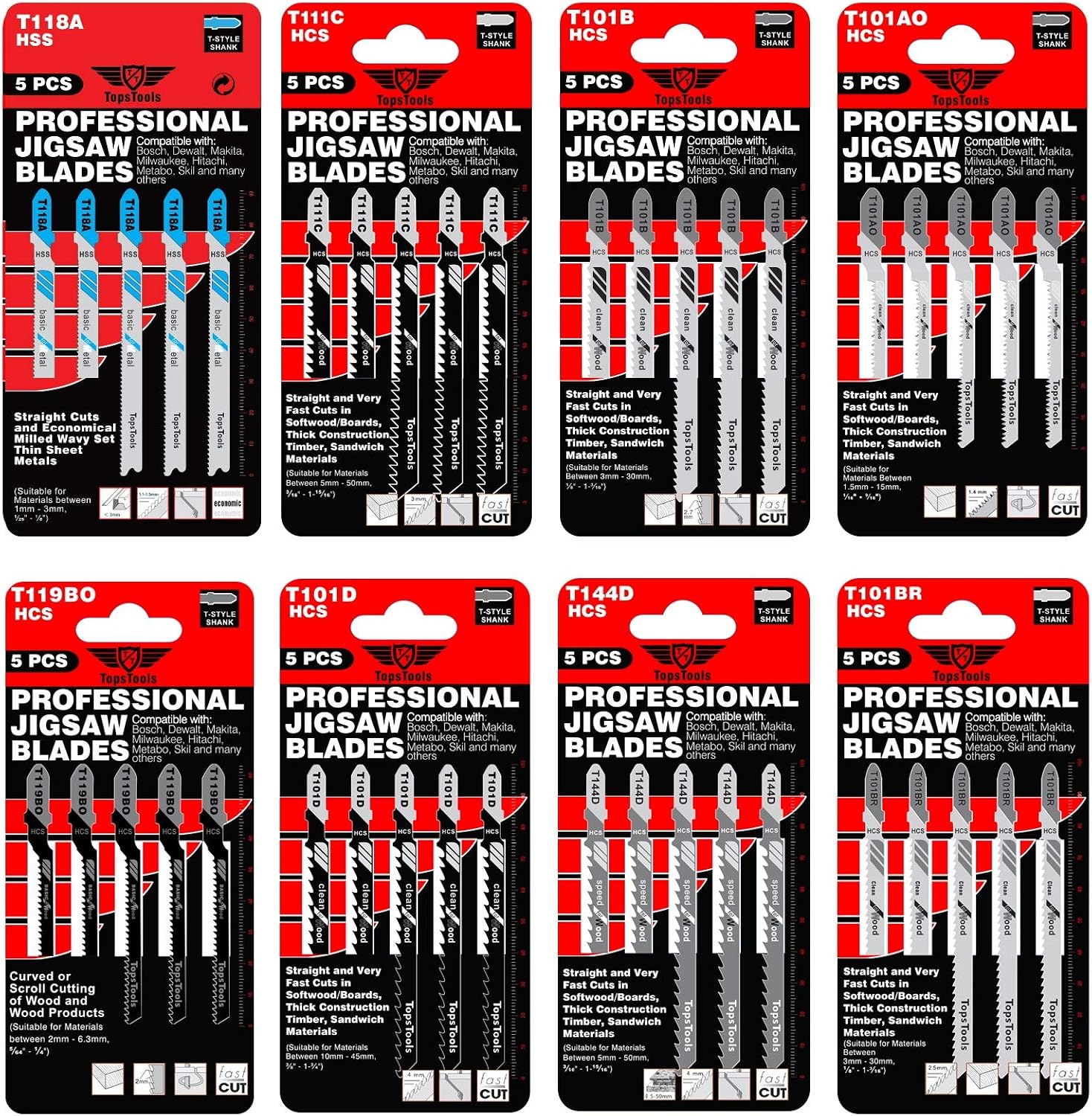 40 x TopsTools JSTTK8 T101AO T101B T101BR T101D T111C T118A T119BO T144D Mixed Jigsaw Blades, wood-coloured