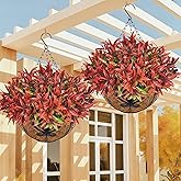 Uieke 2PCS Artificial Hanging Flowers for Outdoors with Hanging Basket, 22.8" 10pcs UV Resistant Fall Faux Flowers, Fake Hanging Plants for Autumn Garden Porch Patio Balcony Decoration