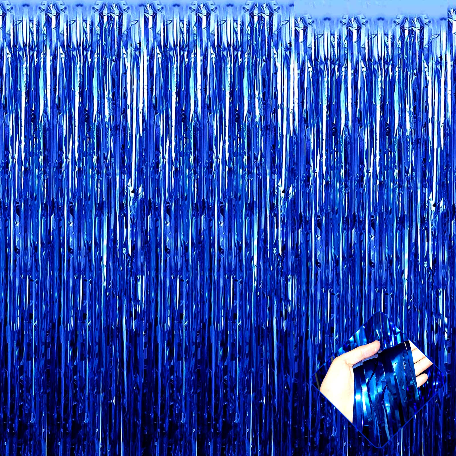 Photo 1 of 4 Pack 3.3Ft x 6.6Ft Blue Foil Fringe Curtain Backdrop, Metallic Tinsel Foil Fringe Streamers Curtains Background for Photo Booth, Birthday, Wedding, Halloween, Christmas Party Decoration