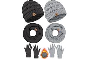 LOROME Winter Beanie Hat Scarf Gloves, 2 Set Warm Fleece Knit Winter Hats Touch Screen Gloves Neck Scarf Set Winter Gifts Women