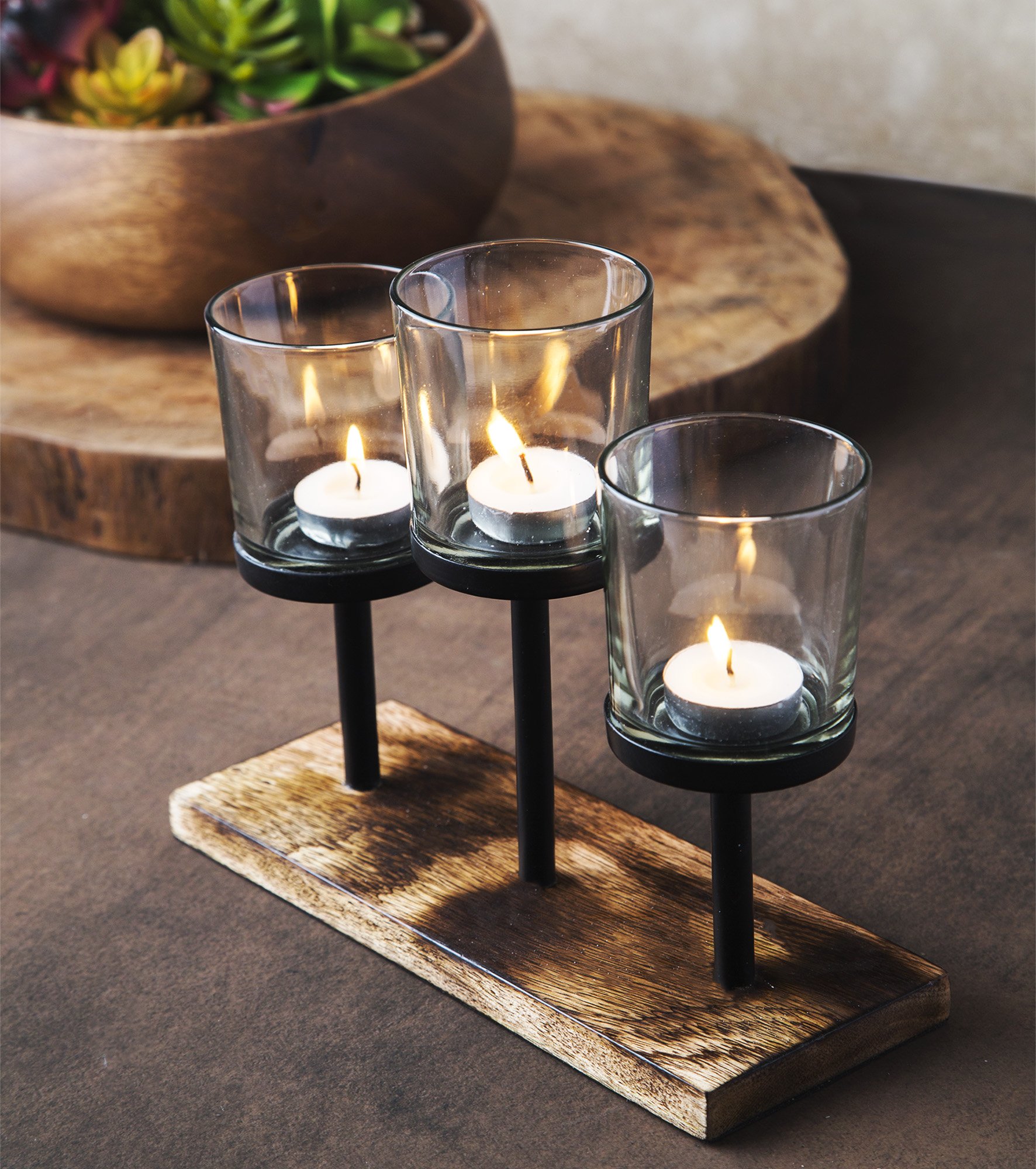 Elegant Decorative Votive Candle Holder Centerpiece, 3 Glass Cups on Wood Base-Tray for Anniversary, Wedding, Dining Table Centerpiece, Decorations Living Room, Decor Coffee Table Centerpiece, Menorah
