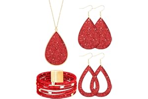 Hicarer 4 Pieces Women's Glitter Jewelry Set Bridal Wedding Multi-Layer Bracelet Faux Leather Dangle Earrings Necklace