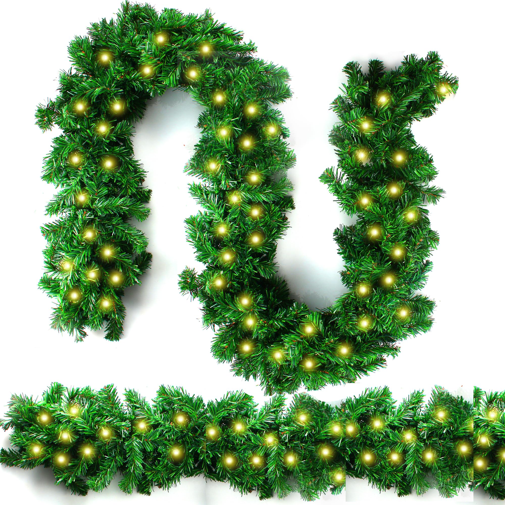 Photo 1 of 2 Pack 10FT Christmas Garland with 50 LED Lights - Pre-lit Outdoor Xmas Garland - Battery Powered Waterproof String Light with Timer - 10 Foot by 10 Inch