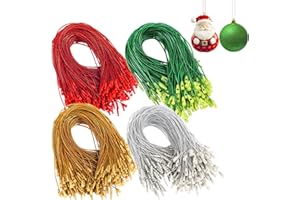 FEBSNOW 500Pcs Christmas Ornament Hangers,Ornament String with Snap for Christmas Tree Decoration Easy Locking Ornament Hooks for Xmas Holiday Wedding Party Hanging Decor Gold, Silver, Red, Green