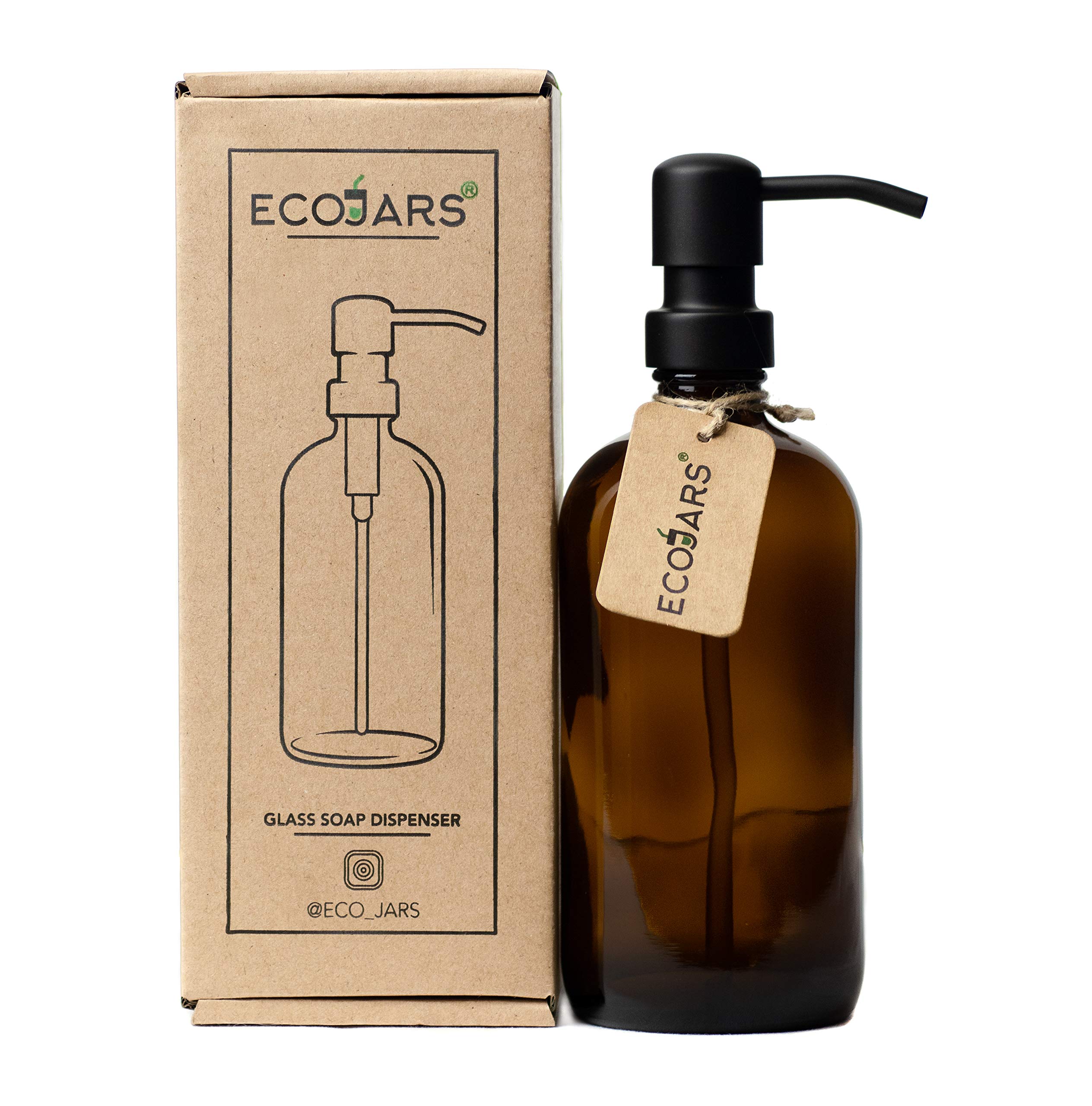 Amber Glass Jar Soap Dispenser with Black Stainless Steel Dispenser, BPA Free, Eco Friendly, 500ml, Housewarming Gift Box