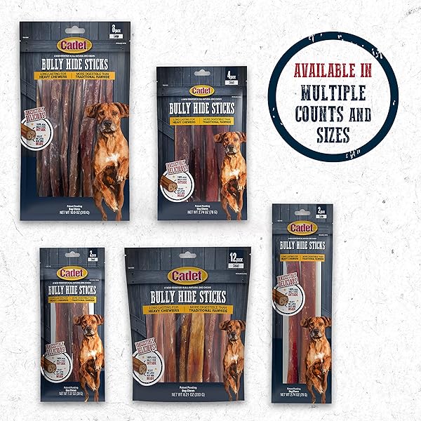 CADET BULLY HIDE STICKS FOR LARGE DOGS, ALL-NATURAL BEEF PIZZLE, LIMITED-INGREDIENT LONG-LASTING DOG CHEWS FOR AGGRESSIVE CHEWERS, 7 COUNT