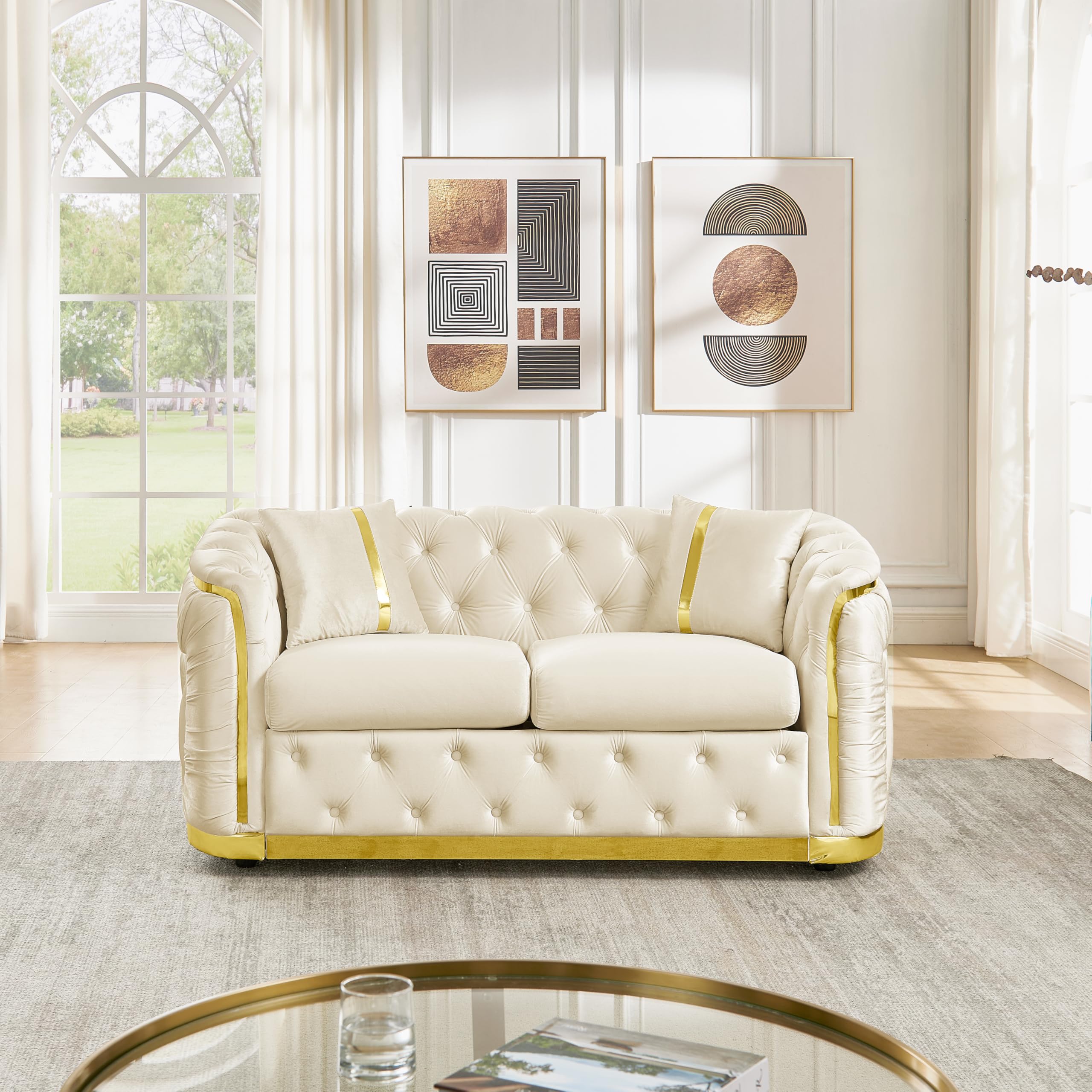 Photo 1 of KEIKI 63" Luxury Oversized Velvet Chesterfield Sofa with 2 Pillow & Gold Stainless Decoration, Italian Modern Style 2-Seater Button Tufted Couch with Rolled Arms, Easy Assembly, for Living Room, Beige