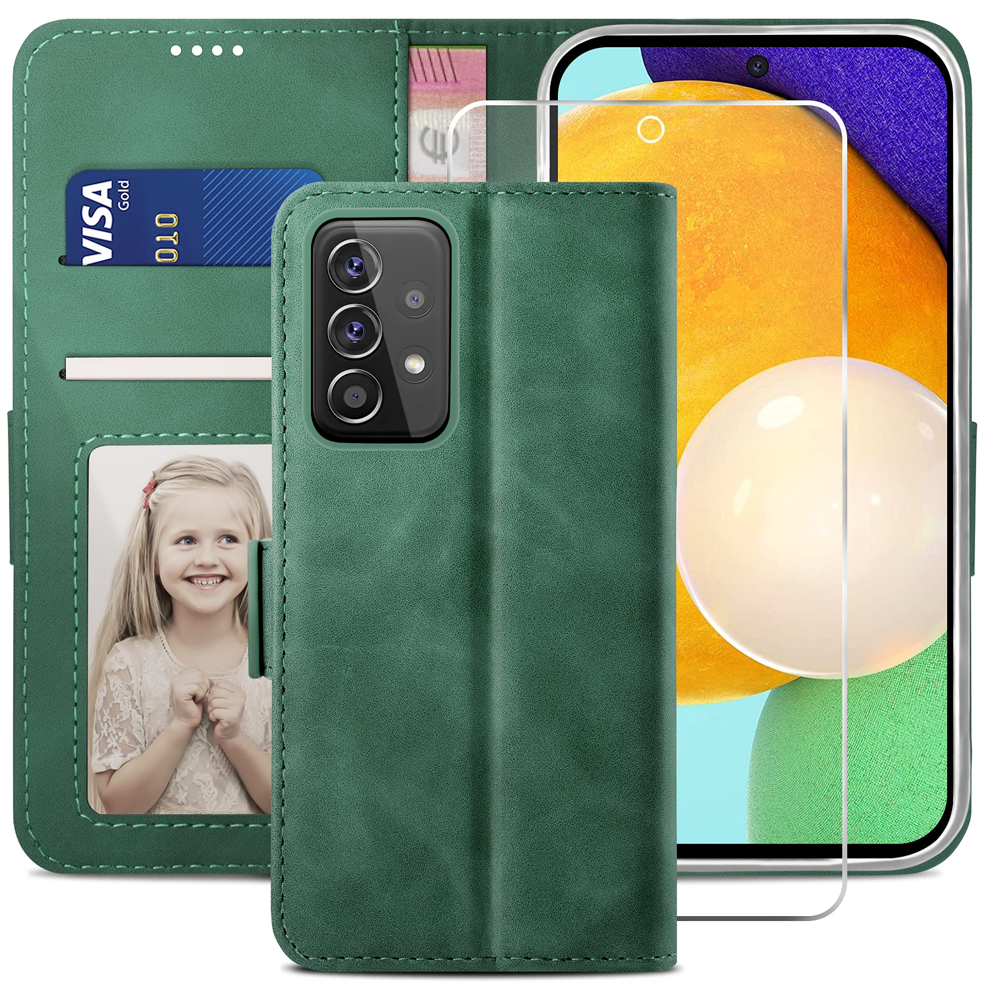 YATWIN Compatible with Samsung Galaxy A52s/A52 5G Case, Flip Wallet Leather Case with Tempered Glass Screen Protector and Card Slot Kickstand Phone Cases Cover for Samsung A52s/A52 5G - Pine Green โ image 1