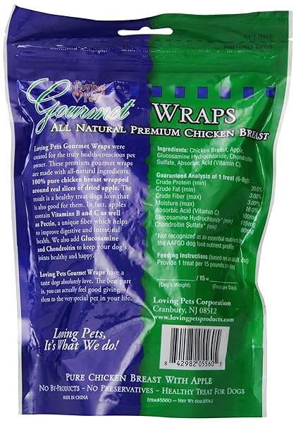 LOVING PETS GOURMET ALL NATURAL PREMIUM APPLE AND CHICKEN WRAPS WITH GLUCOSAMINE AND CHONDROITIN, DOG TREATS, 6OZ