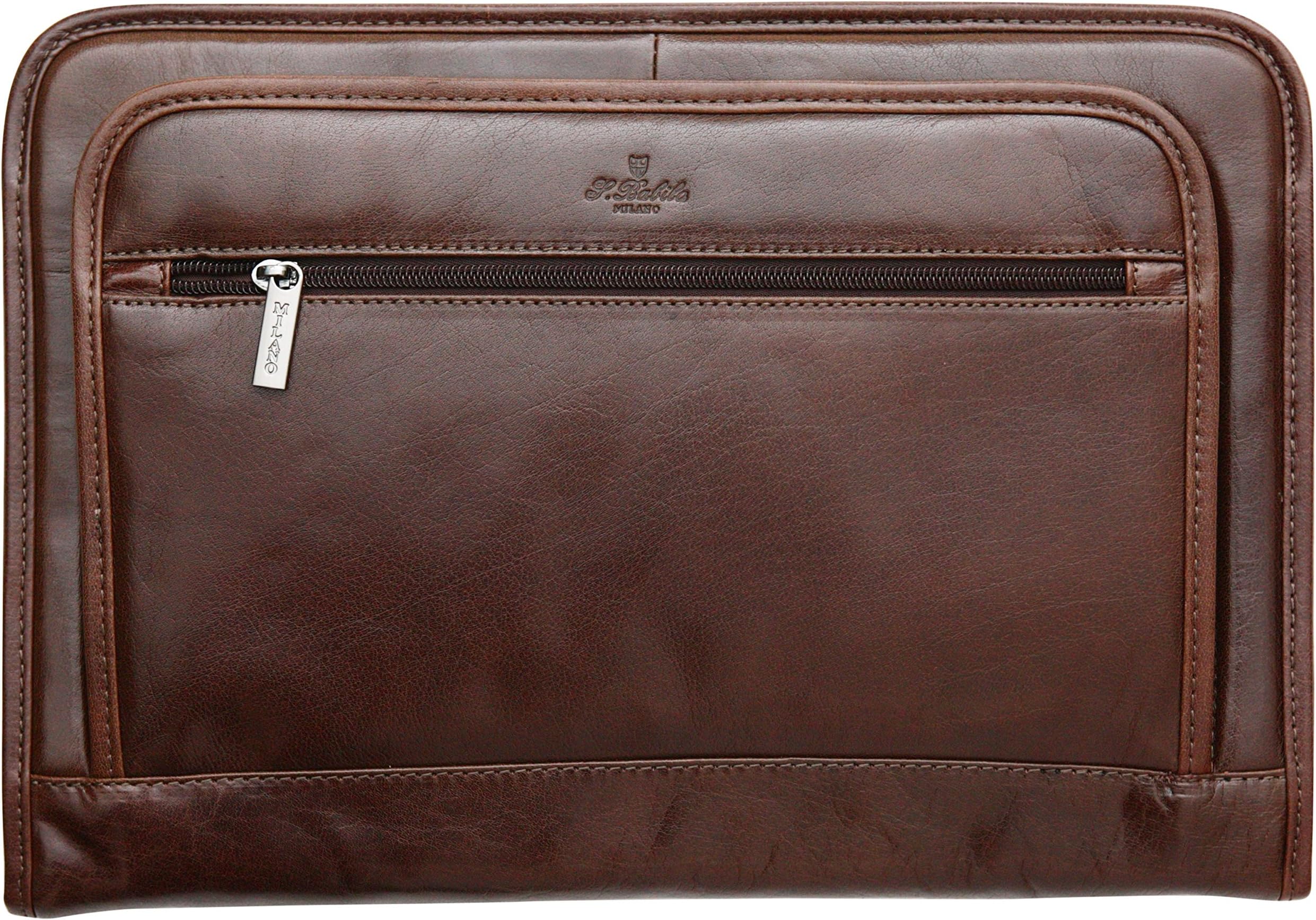S Babila Top Grain Leather Conference Folder - Gusseted Storage Pocket - Brown