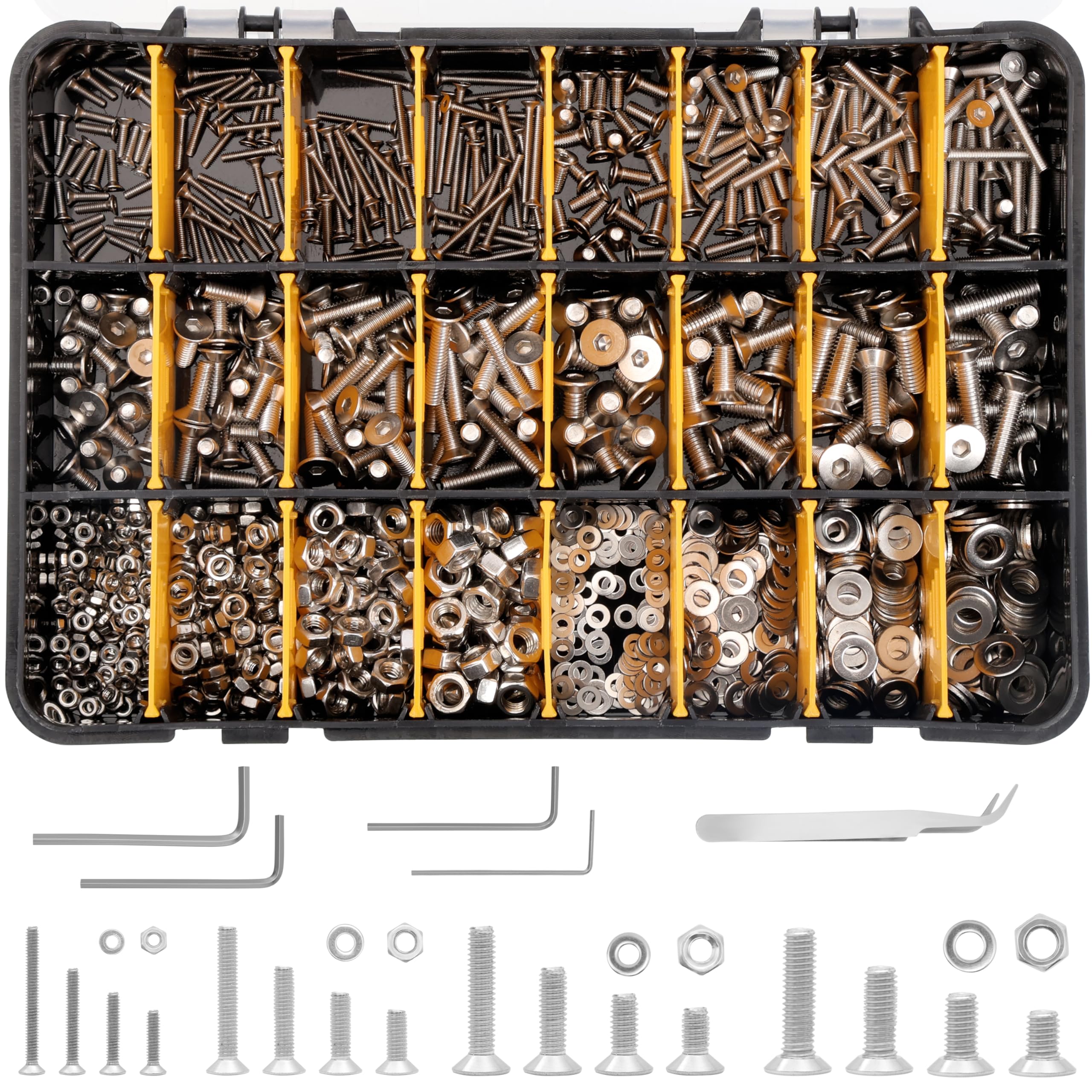 Belle Vous 1120-Piece Countersunk Screw with Hex Socket Set - Stainless Steel Flat Head M2, M3, M4 and M5 Screw Assortment Kit with Storage Box - Bolt, Nut and Washer Set for DIY and Machine Repairs