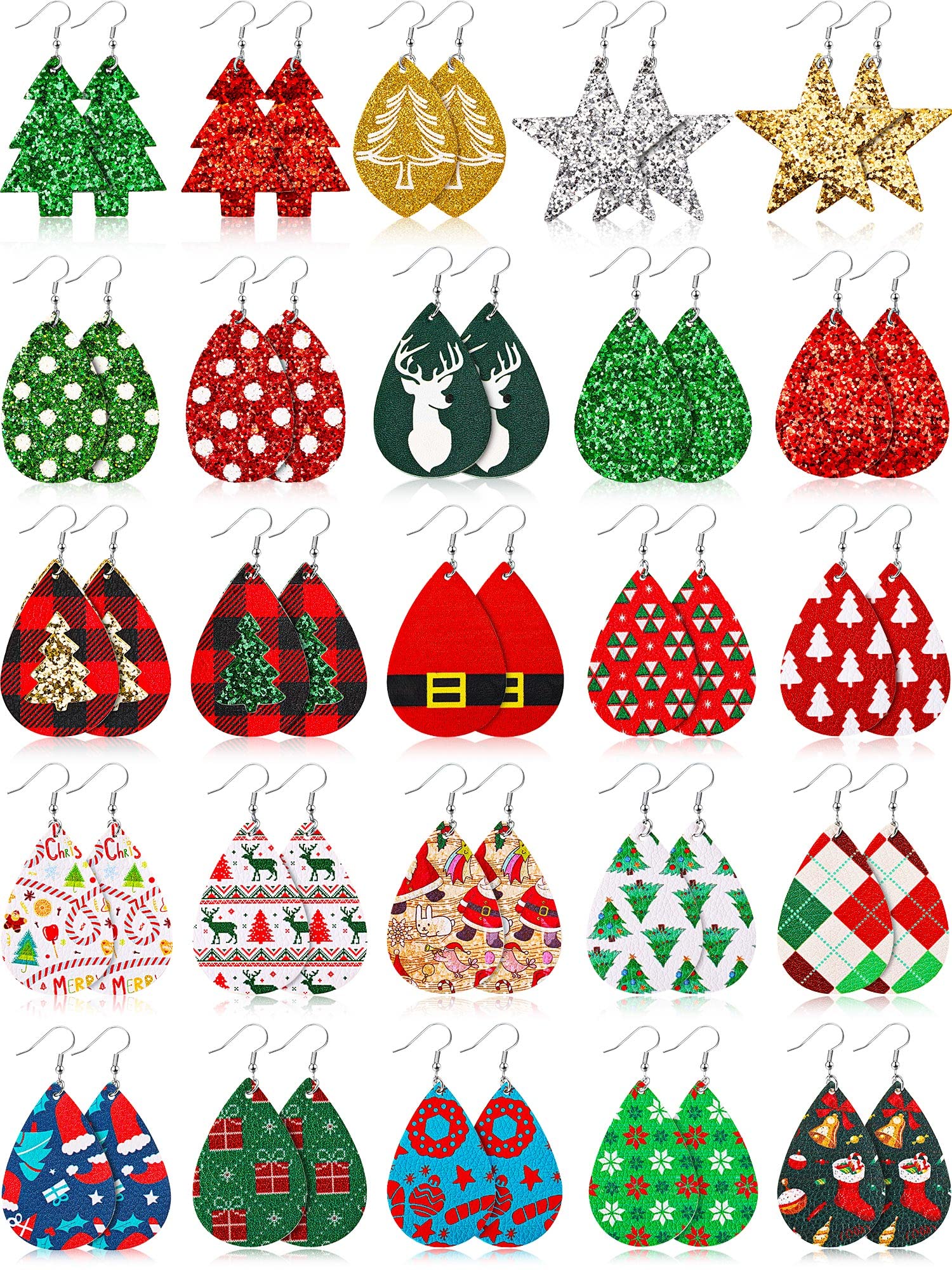 25 Pairs Christmas Faux Leather Earrings Teardrop Dangle Earrings Christmas Tree Star Dangle Earrings for Women Girls