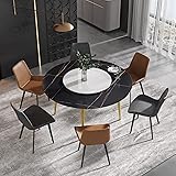 Sdorens Modern Round Dining Table for 8, Black Sintered Stone Tabletop with Lazy Susan, Kitchen Table with Gold Solid Carbon 