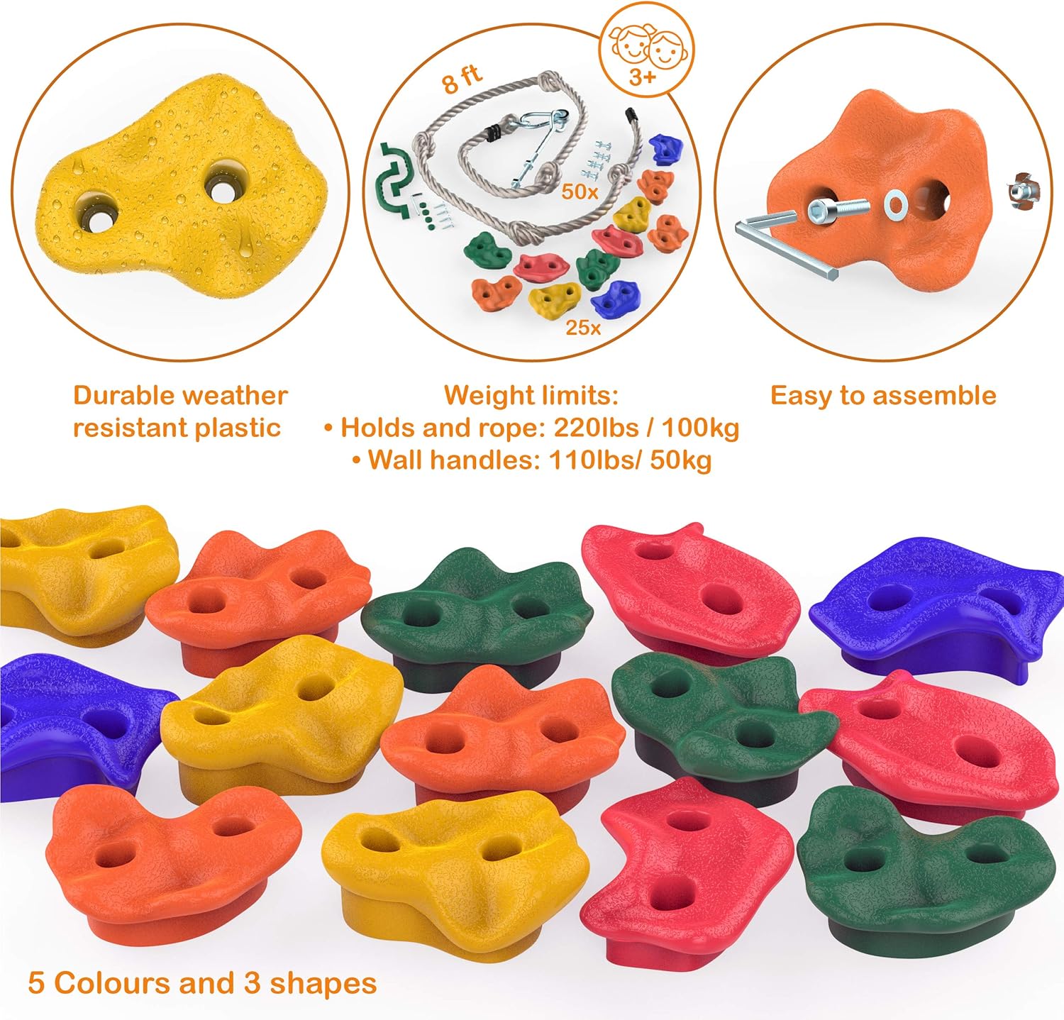 Rock Climbing Holds for Kids, 25 Rocks with 8ft Knotted Rope, Rock Wall Handles and Carry Bag: Toys & Games