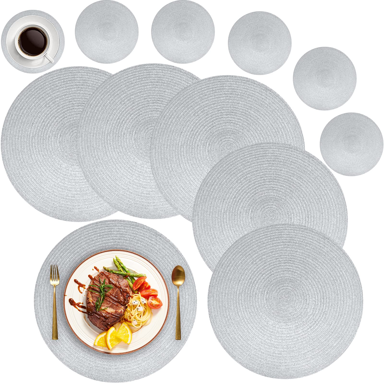 MI CASA Round Placemats and Coasters Set of 6, Round Braided Woven Place Mats Washable Heat Resistant Table Mats for Kitchen Dining Table Home Restaurant, Silver